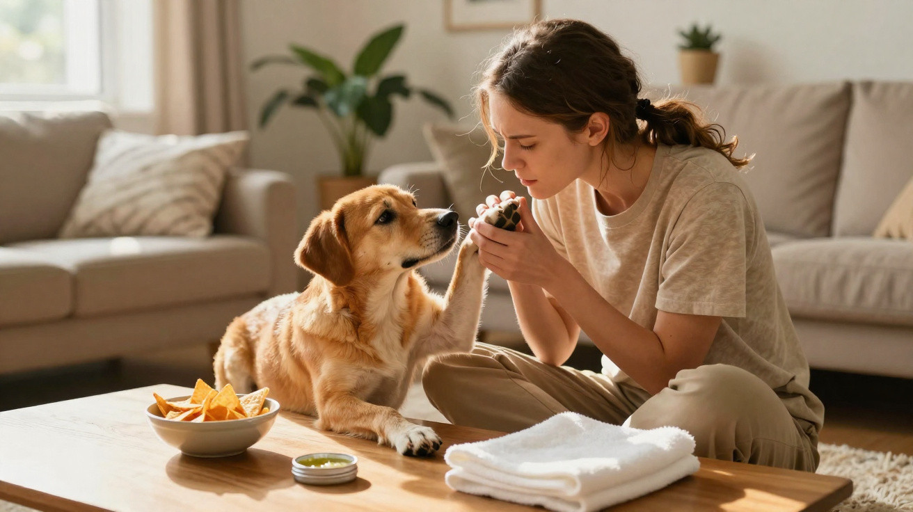 Mulher sentada no chão em casa a cuidar da pata de um cão Golden Retriever.