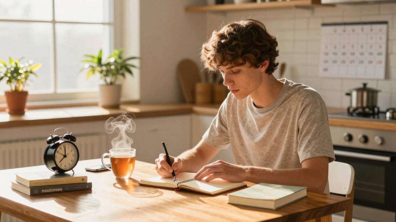 Jovem a escrever num caderno numa cozinha iluminada, com chá e despertador na mesa.