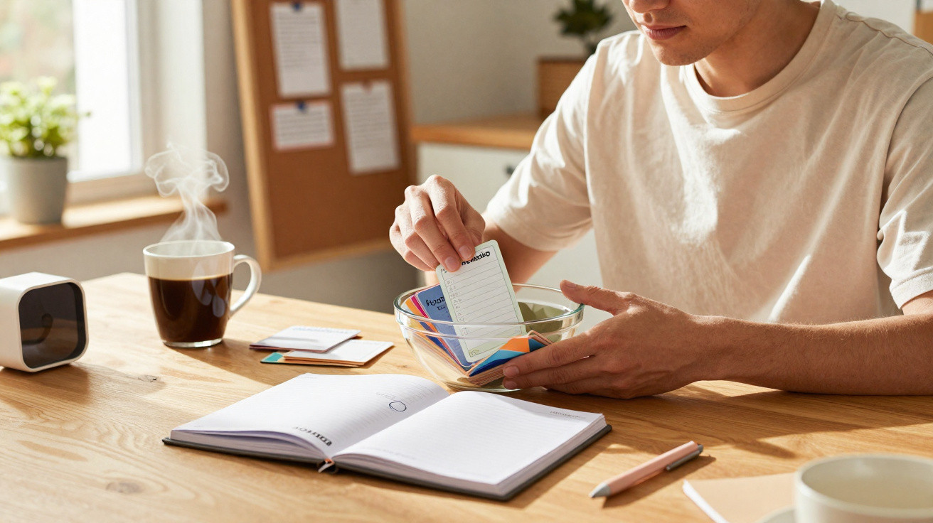 Pessoa sentada a estudar com fichas de estudo coloridas, caderno aberto, café fumegante e relógio digital numa mesa de madeir