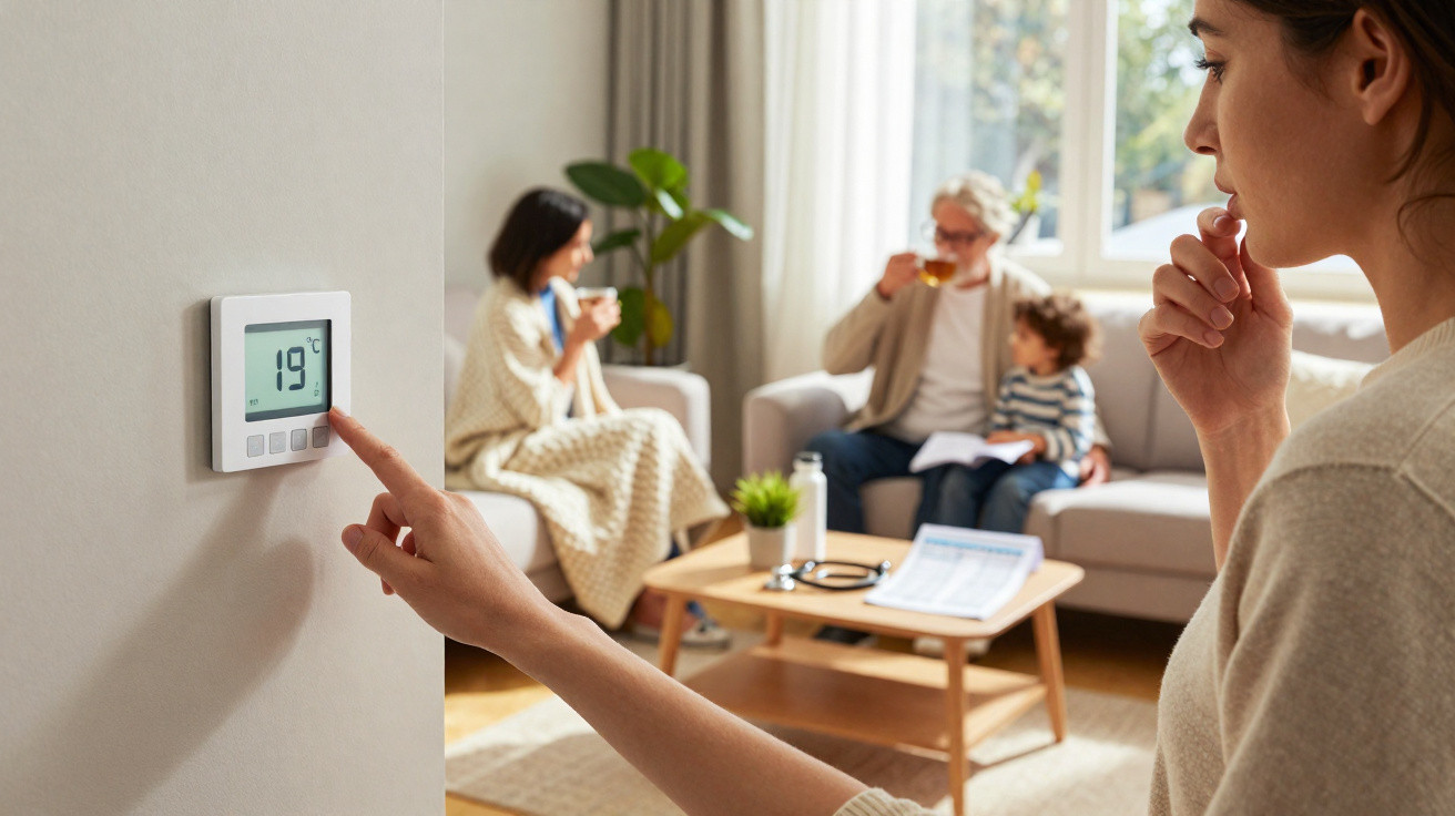 Pessoa ajusta termóstato digital a 19°C numa sala com três pessoas no sofá ao fundo.