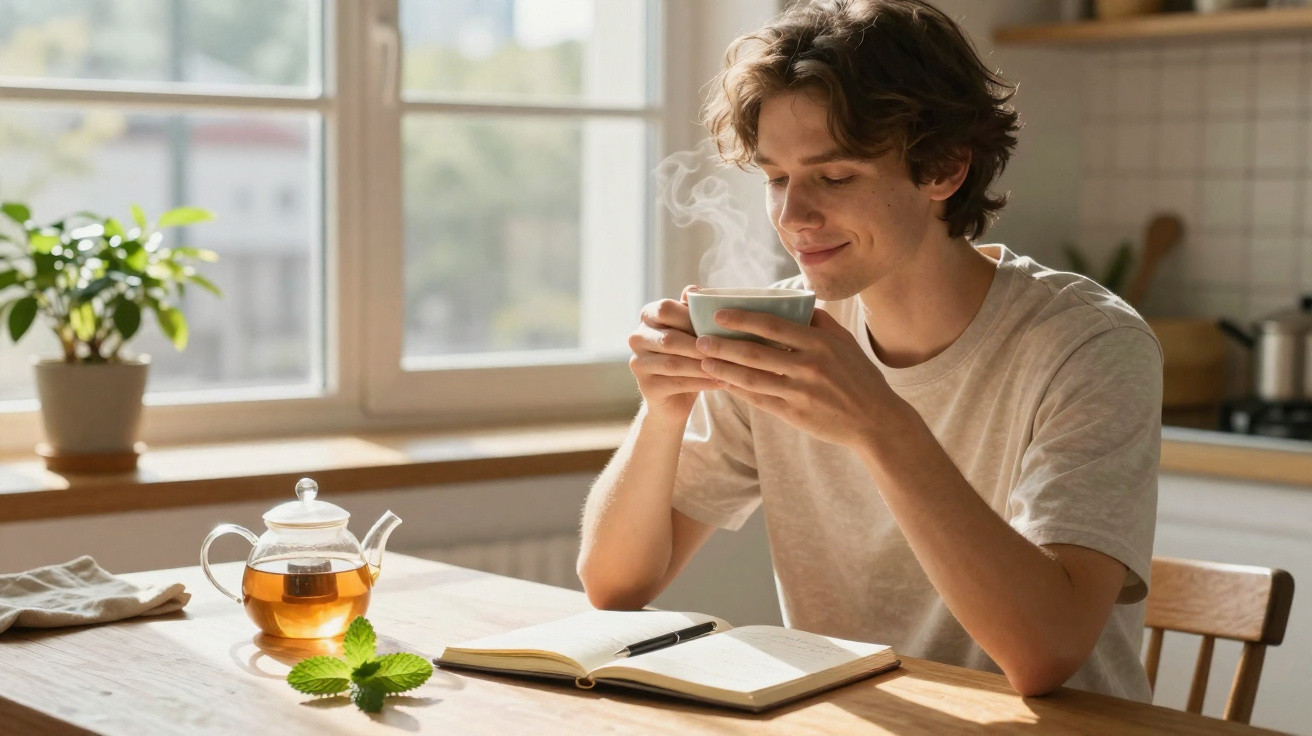 Jovem sentado à mesa da cozinha a beber chá, com jarro de chá, caderno aberto e plantas na janela.