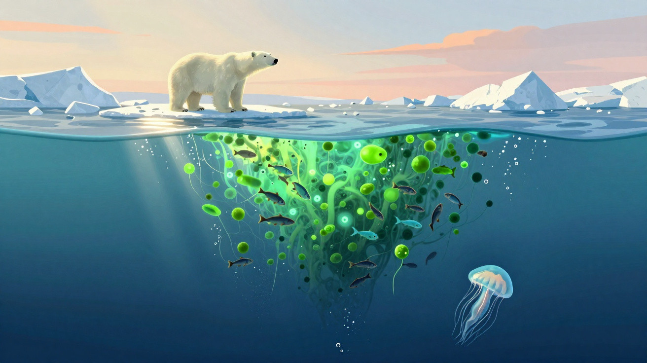 Urso polar numa camada de gelo com algas marinhas verdes, peixes e uma água-viva sob a água no Ártico.