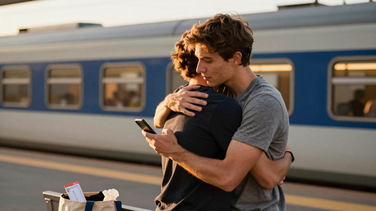 Dois homens abraçam-se numa estação de comboios com um comboio parado ao fundo e um smartphone na mão.