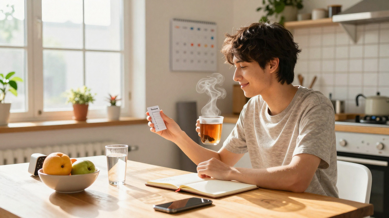 Pessoa sentada à mesa em ambiente luminoso, segurando chá quente e caderno, com frutas e relógio à volta.