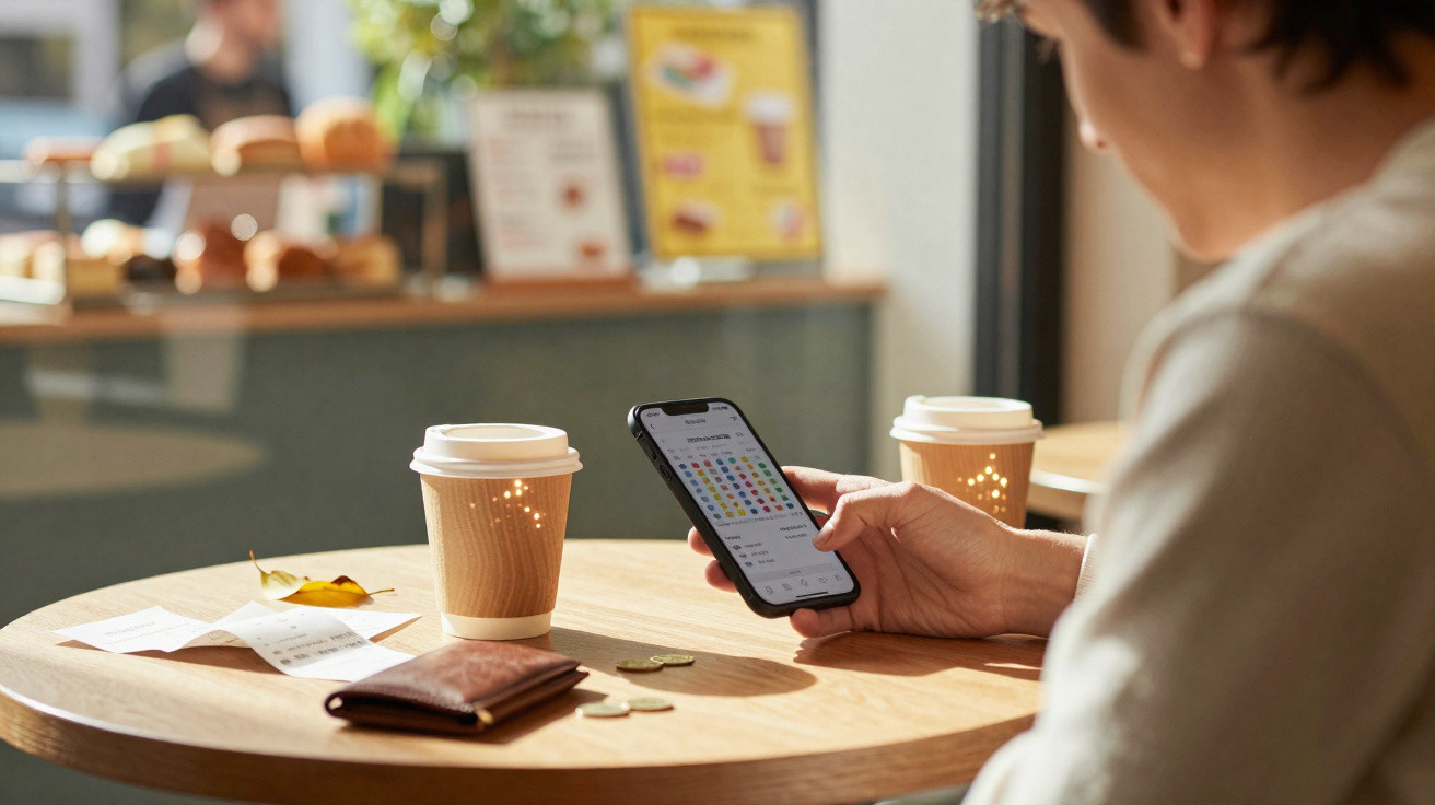 Pessoa a analisar gráficos financeiros num smartphone com cafés, moedas e recibos numa mesa de café.