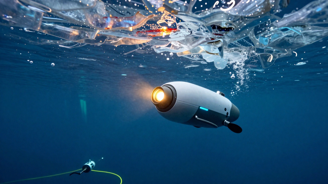 Veículo submarino autónomo iluminado a explorar debaixo do gelo marinho azul.
