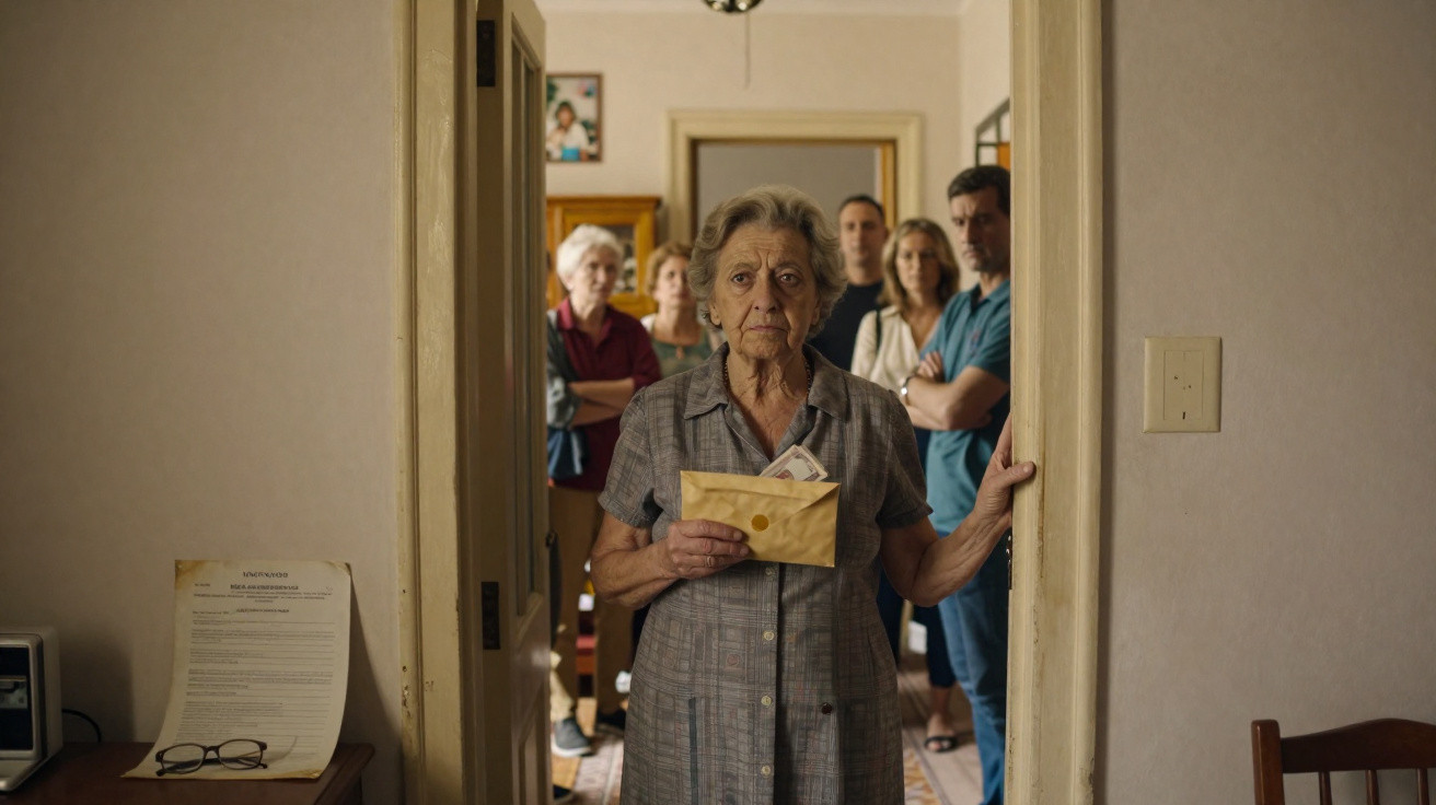 Mulher idosa segurando envelope, com várias pessoas ao fundo numa divisão, expressão séria.