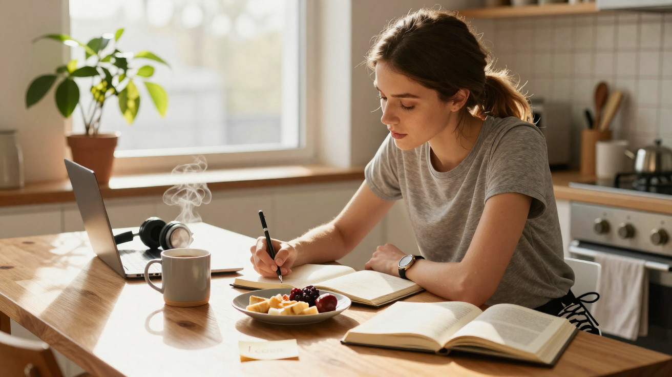Mulher sentada à mesa escreve em caderno com livros, portátil, auriculares e chá fumegante à sua frente.