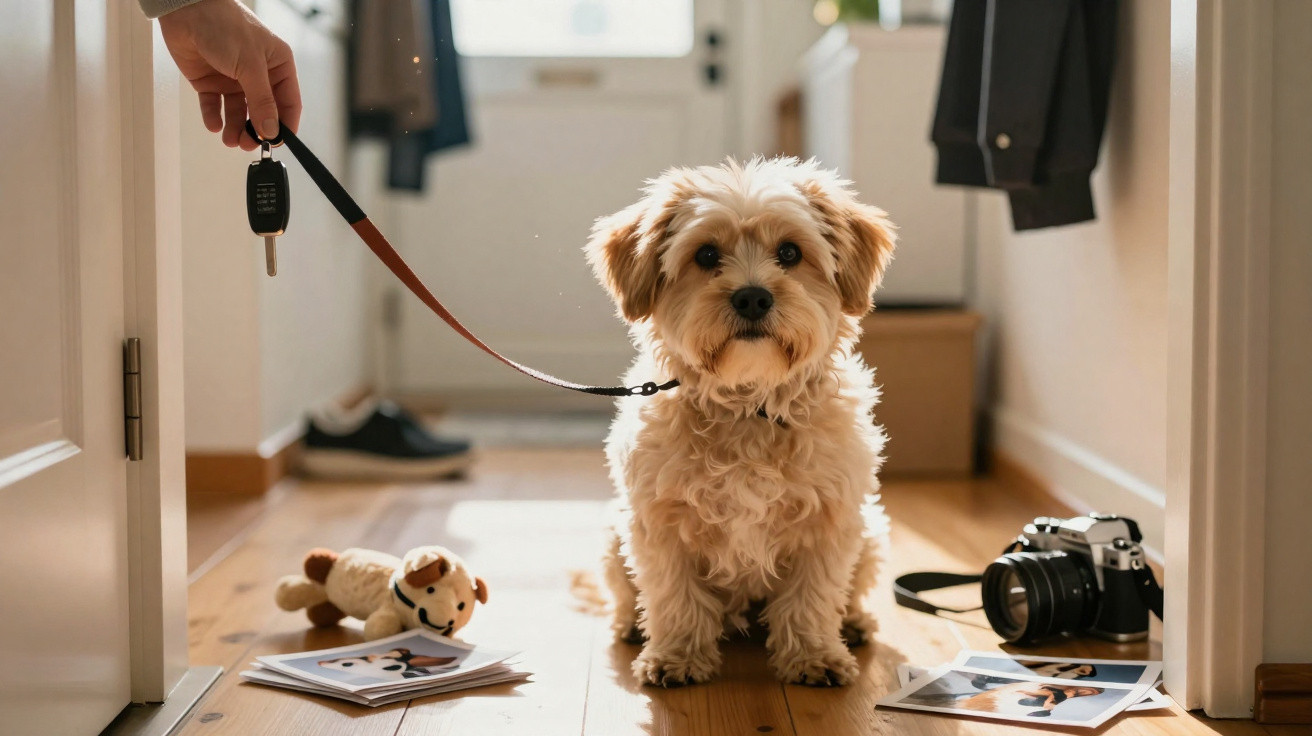 Cão pequeno castanho claro sentado no chão com trela segurada por mão humana, perto de fotos e câmara fotográfica.