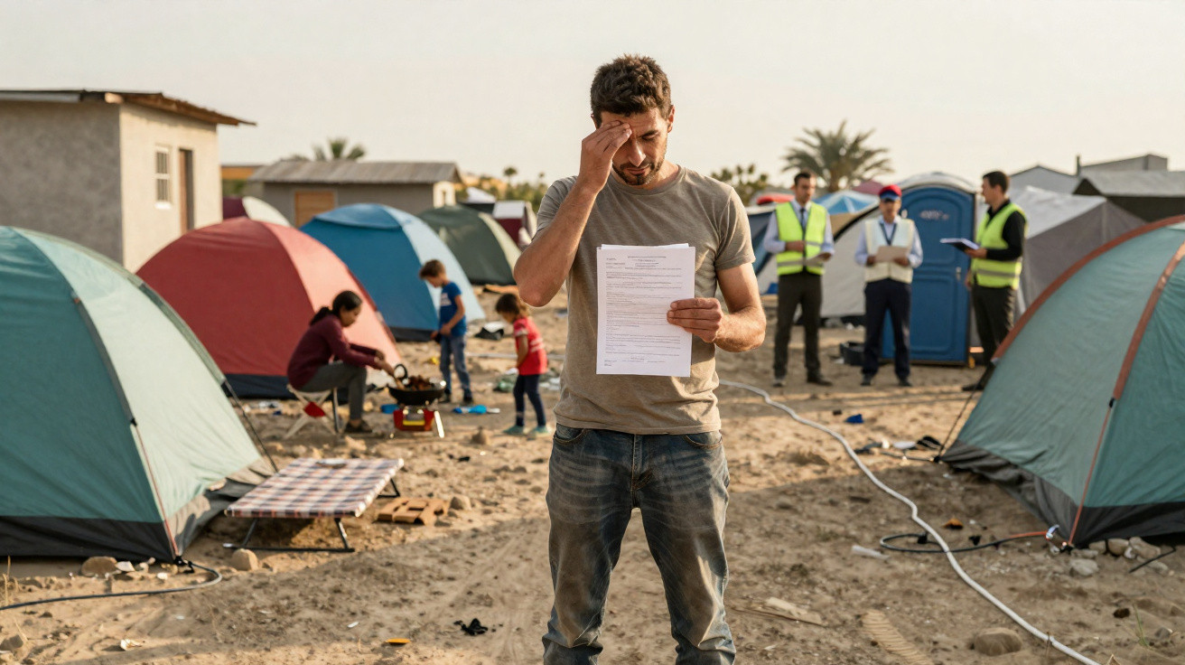 Homem preocupado lê documento num campo com várias tendas de refugiados ao fundo.
