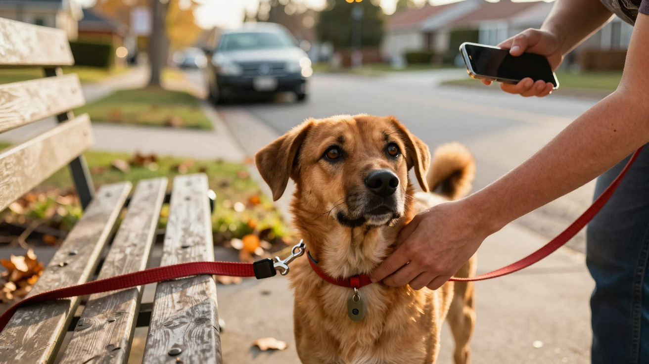 Cão castanho na trela a ser acariciado por uma pessoa que segura um telemóvel numa rua ensolarada.