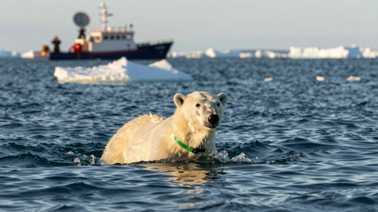 Urso polar a nadar no mar gelado com barcos e blocos de gelo ao fundo.