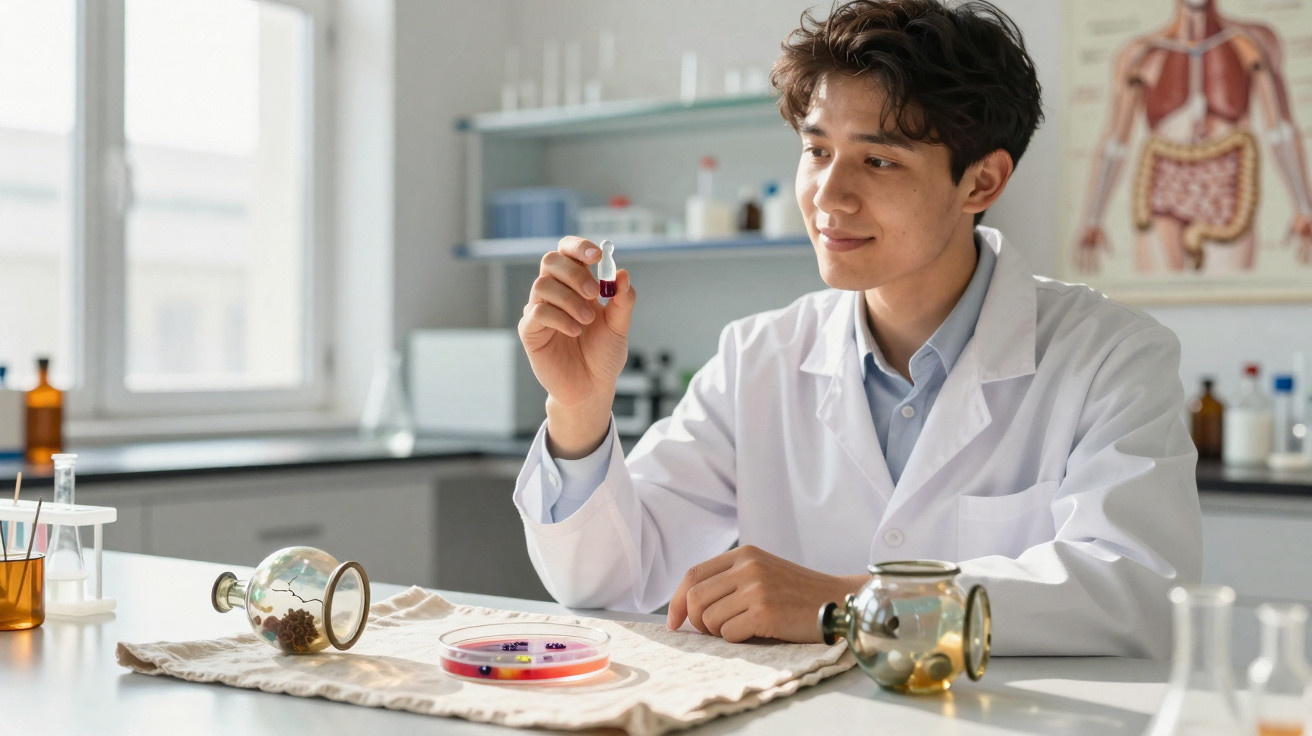 Jovem cientista de bata branca examina cápsula laranja numa bancada de laboratório iluminada.