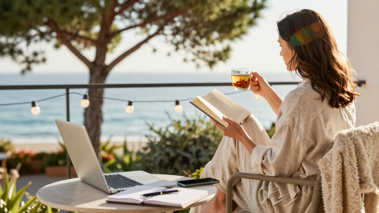 Mulher sentada numa varanda com vista para o mar, lendo um livro e segurando uma chávena de chá.