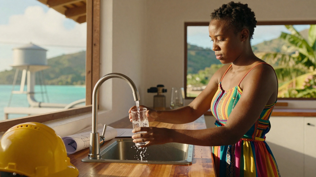 Mulher a encher copo com água numa cozinha com vista para o mar e plantações verdes no exterior.