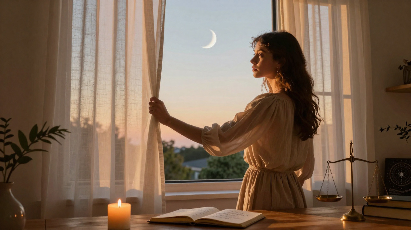Mulher de vestido branco abre cortinas ao luar, em sala com vela acesa e livros sobre a mesa.
