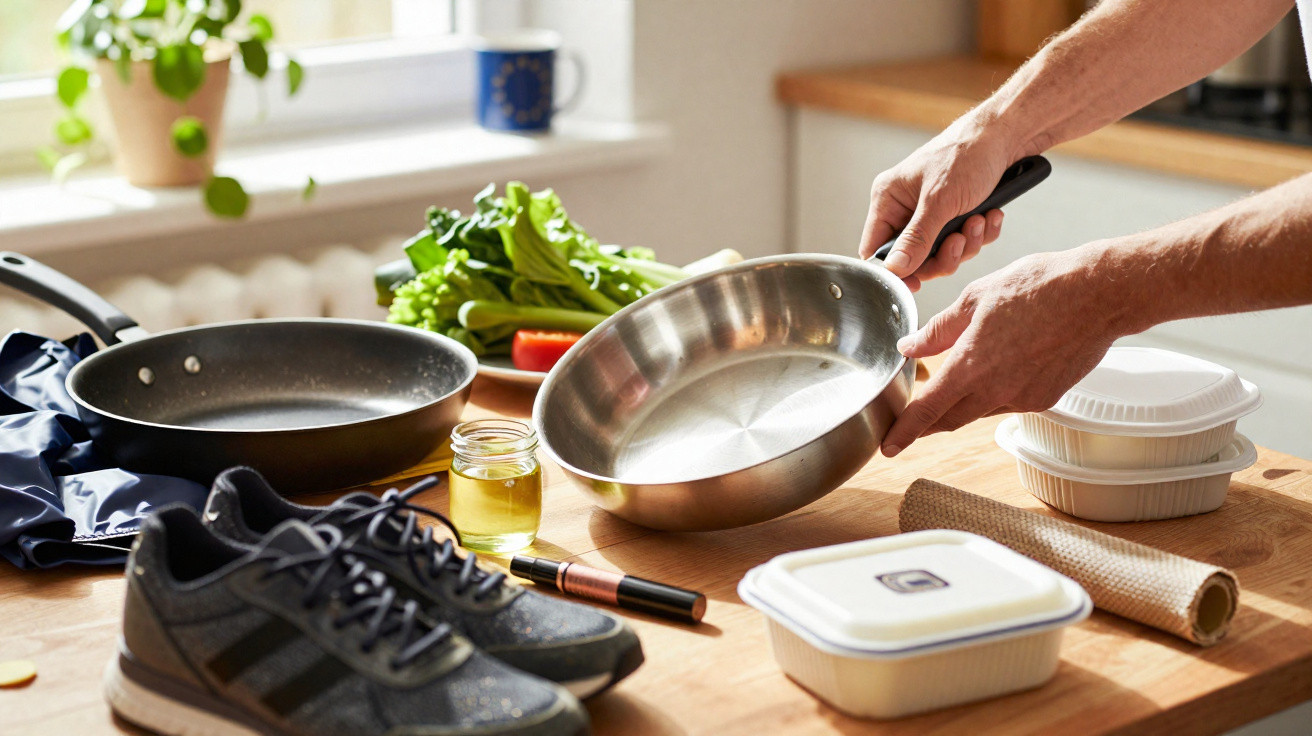 Mãos a limpar uma frigideira de aço inoxidável numa cozinha com ténis e legumes numa mesa de madeira.