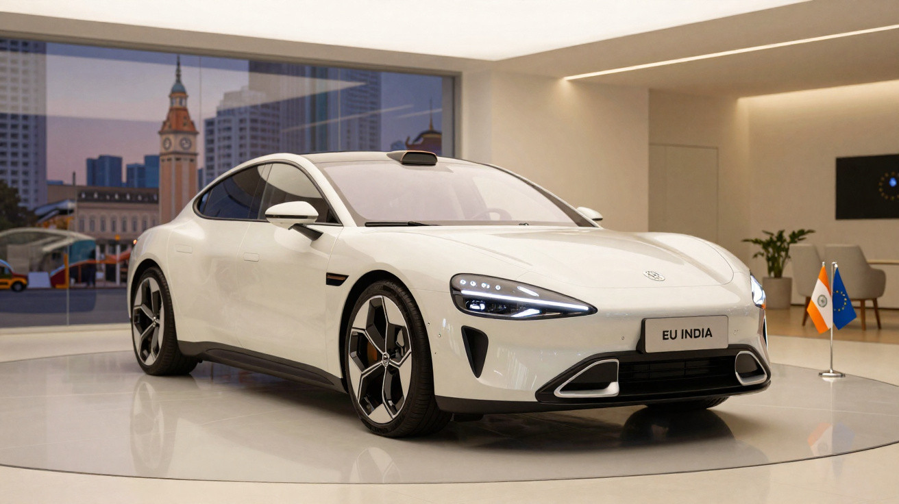 Carro elétrico branco moderno exposto em sala com pequenas bandeiras da União Europeia e da Índia.