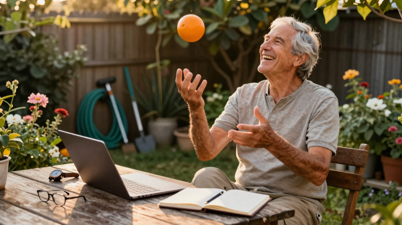 Homem sénior a sorrir enquanto joga uma laranja ao ar, sentado numa mesa de madeira no jardim com laptop e caderno.