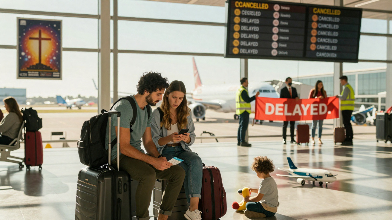 Casal jovem sentado em aeroporto, com voos cancelados e adiados no painel ao fundo.