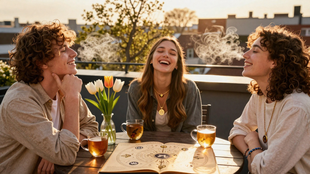 Três jovens sentados numa mesa exterior bebendo chá e sorrindo com flores e jogo à mesa ao pôr do sol.