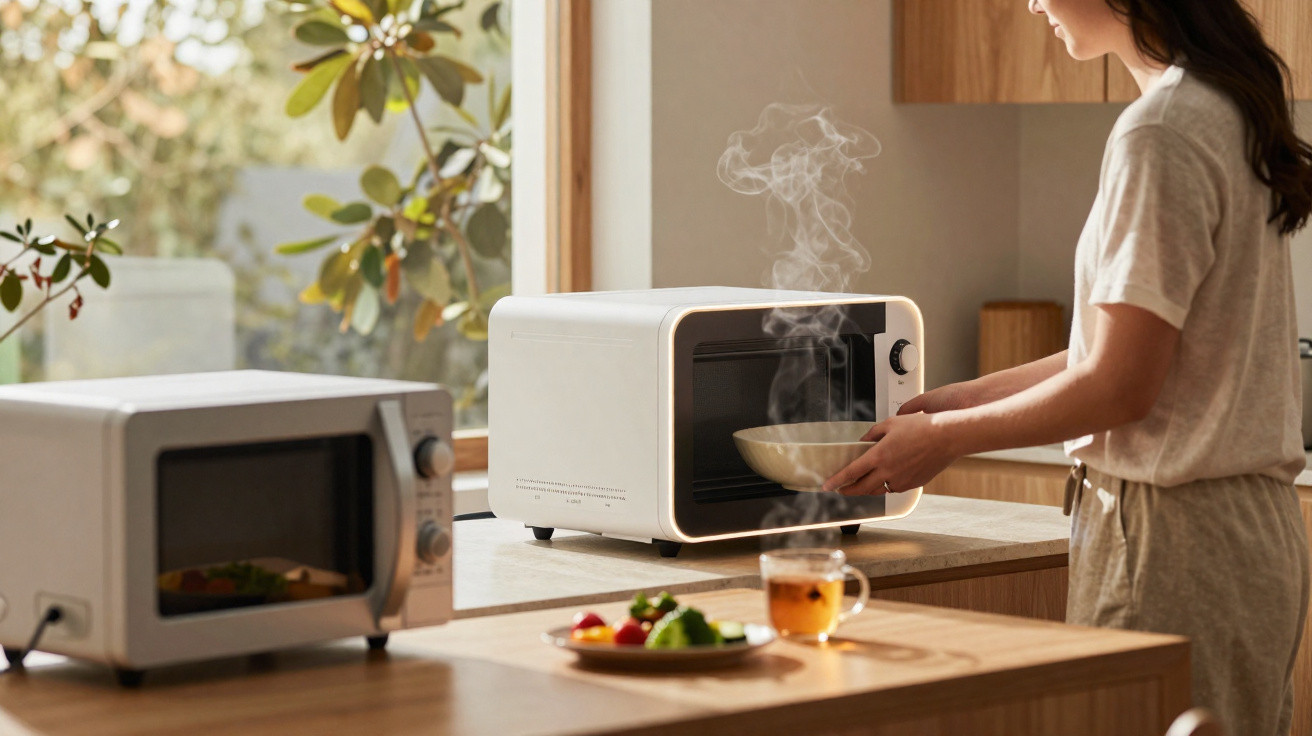 Pessoa a retirar tigela fumegante do micro-ondas numa cozinha luminosa com chá e prato de legumes na mesa.