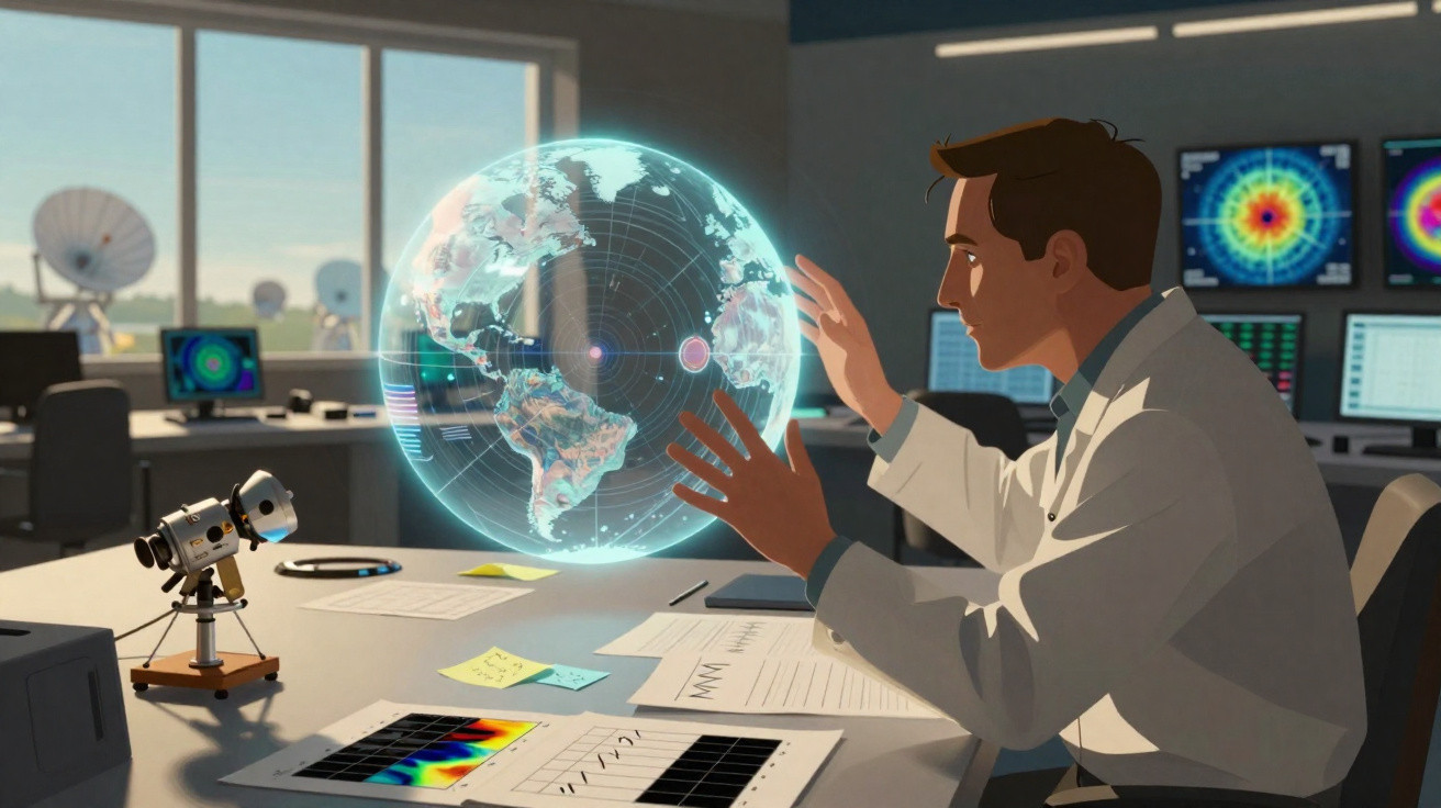 Cientista em laboratório interage com holograma de globo terrestre transparente e tecnologia avançada.