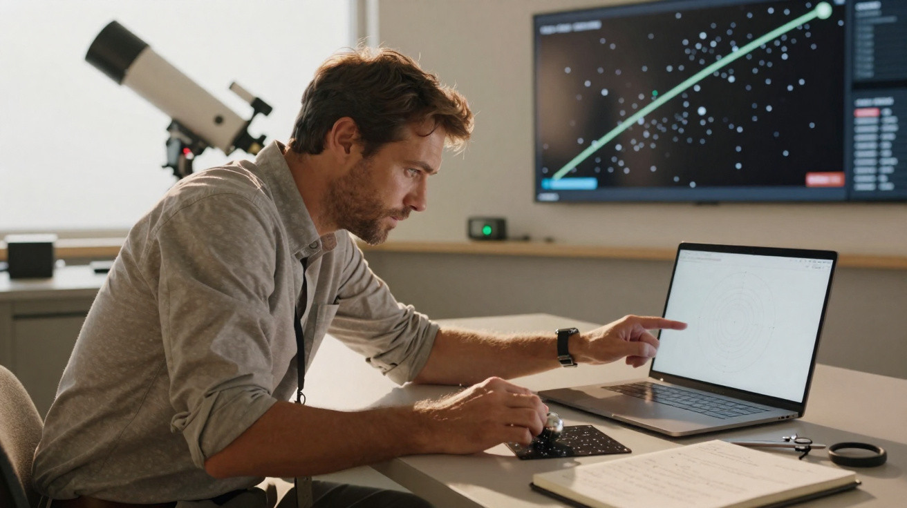 Homem a analisar dados astronómicos num computador portátil numa sala com telescópio e livros.