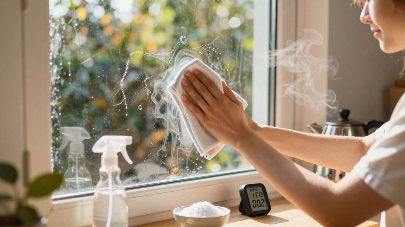 Pessoa a limpar uma janela de vidro com um pano e spray num ambiente doméstico bem iluminado.