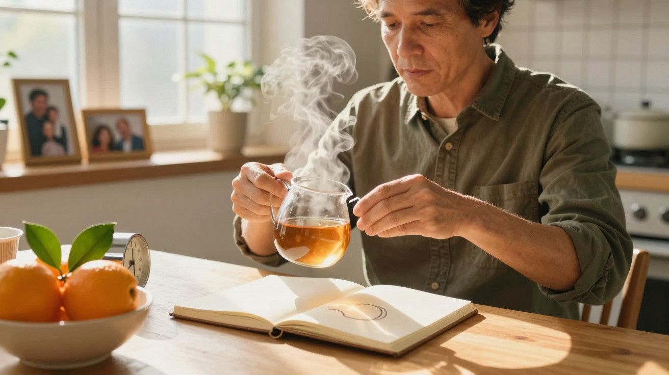Homem sentado a beber chá quente junto a mesa com caderno aberto e tangerinas num ambiente acolhedor.