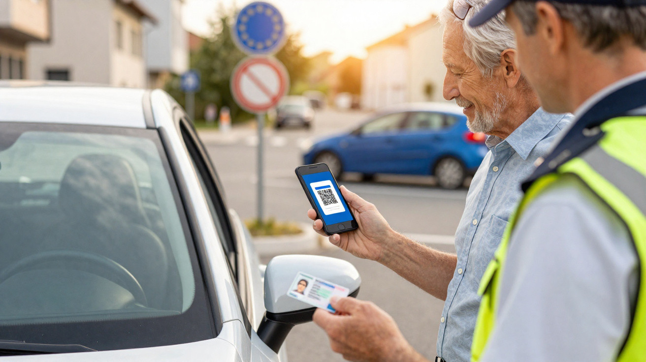 Polícia a verificar documento e código QR num smartphone junto a carro branco numa rua.