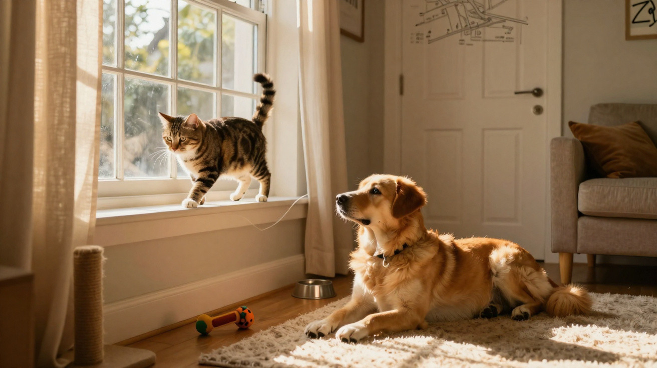 Gato em pé na janela a olhar para fora, com cão dourado deitado no tapete e brinquedo no chão.