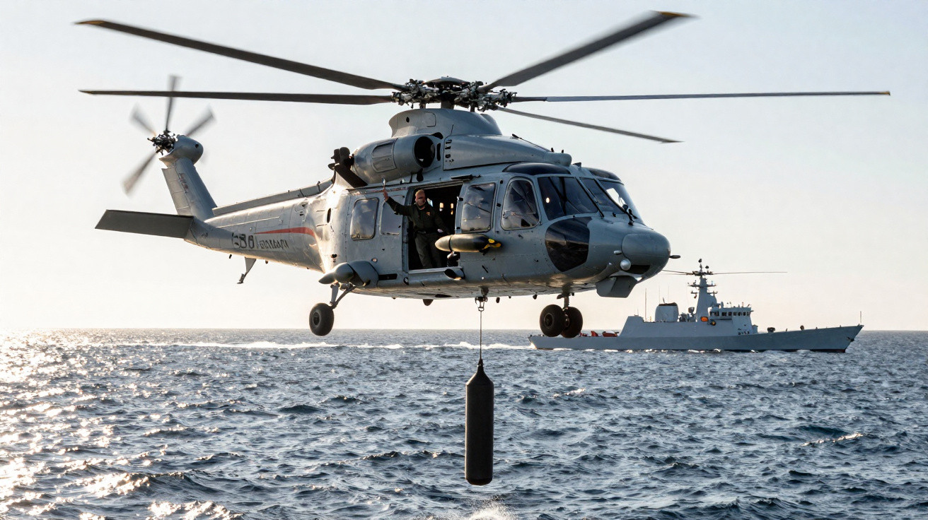 Helicóptero militar cinzento com equipamento suspenso sobre o mar, perto de um navio de patrulha naval.