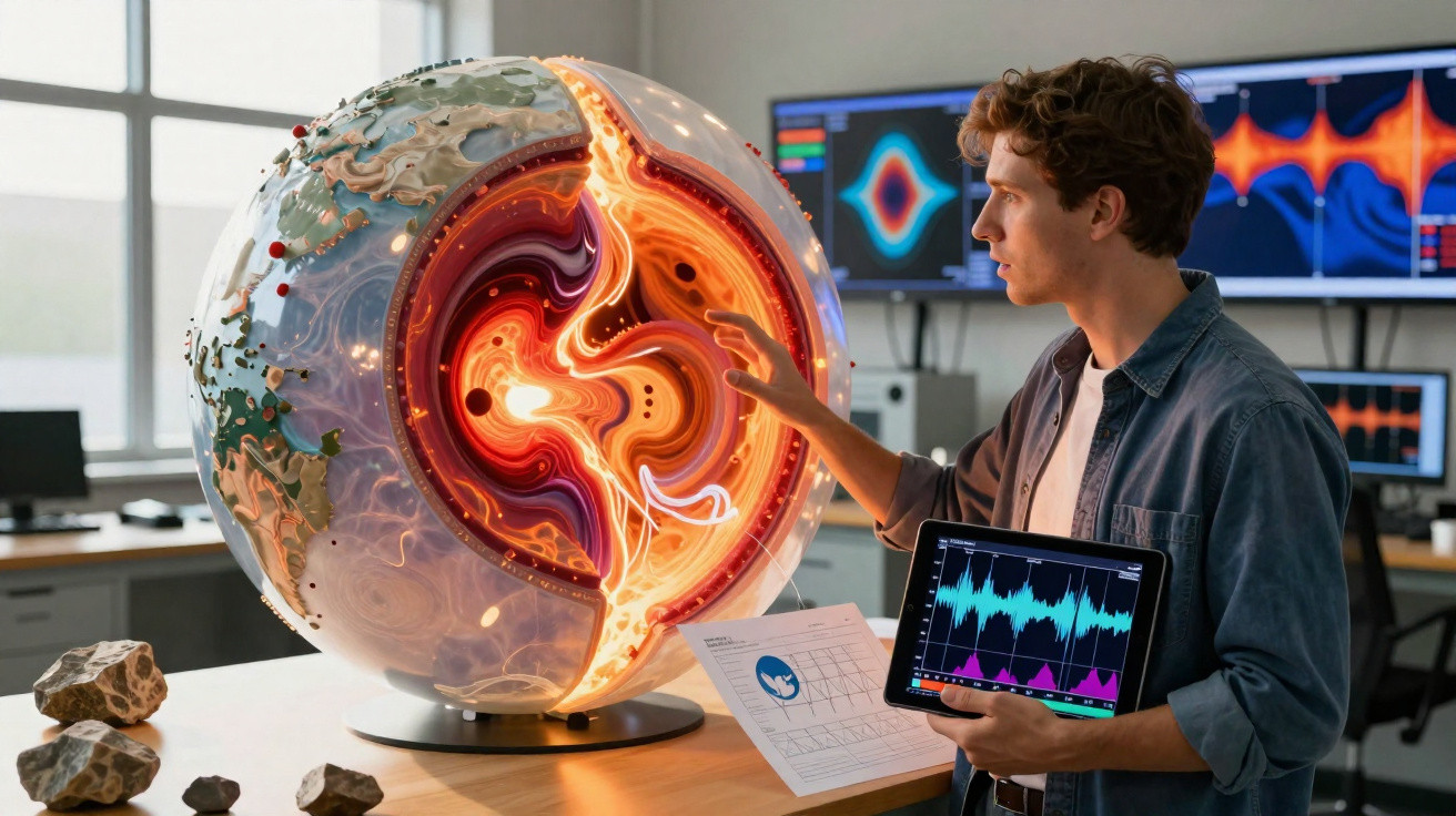 Homem a analisar modelo iluminado do interior da Terra numa sala de laboratório com equipamentos tecnológicos.