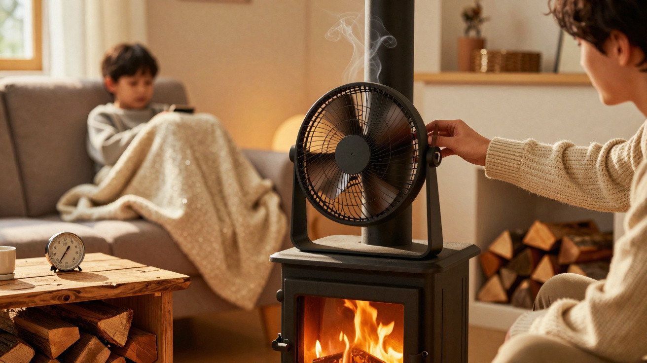 Pessoa ajusta ventilador em fogão a lenha, criança coberta com manta sentada no sofá ao fundo.
