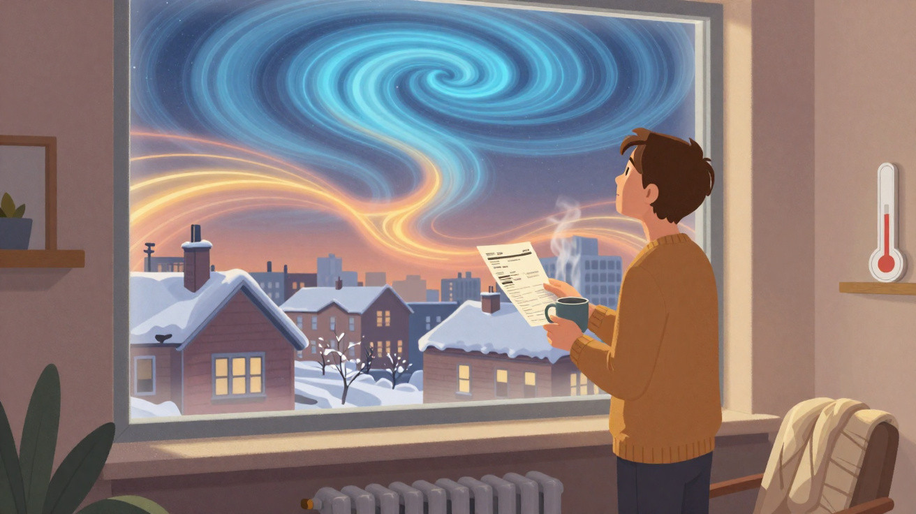 Homem com chá na mão observa um céu colorido e espiralado pela janela de um quarto acolhedor.