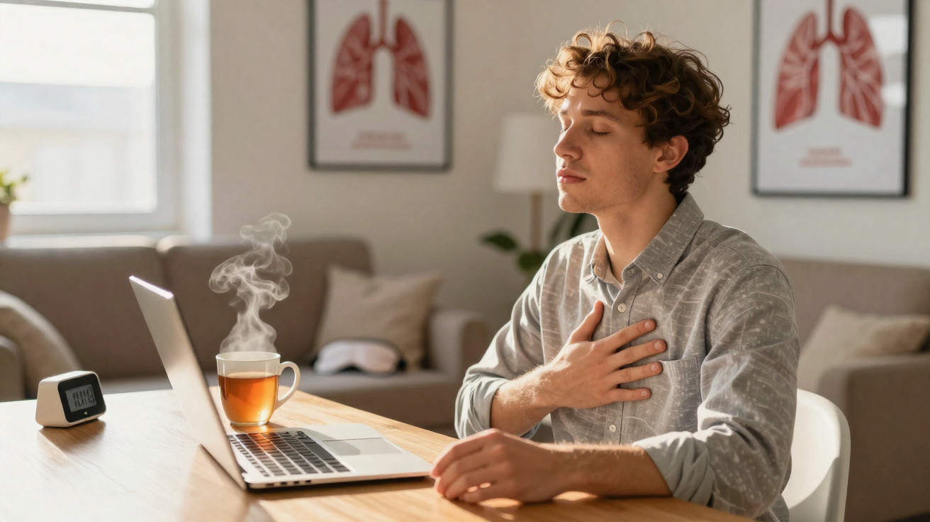 Jovem sentado numa mesa a fazer exercício de respiração tranquila, com chá e laptop à frente.