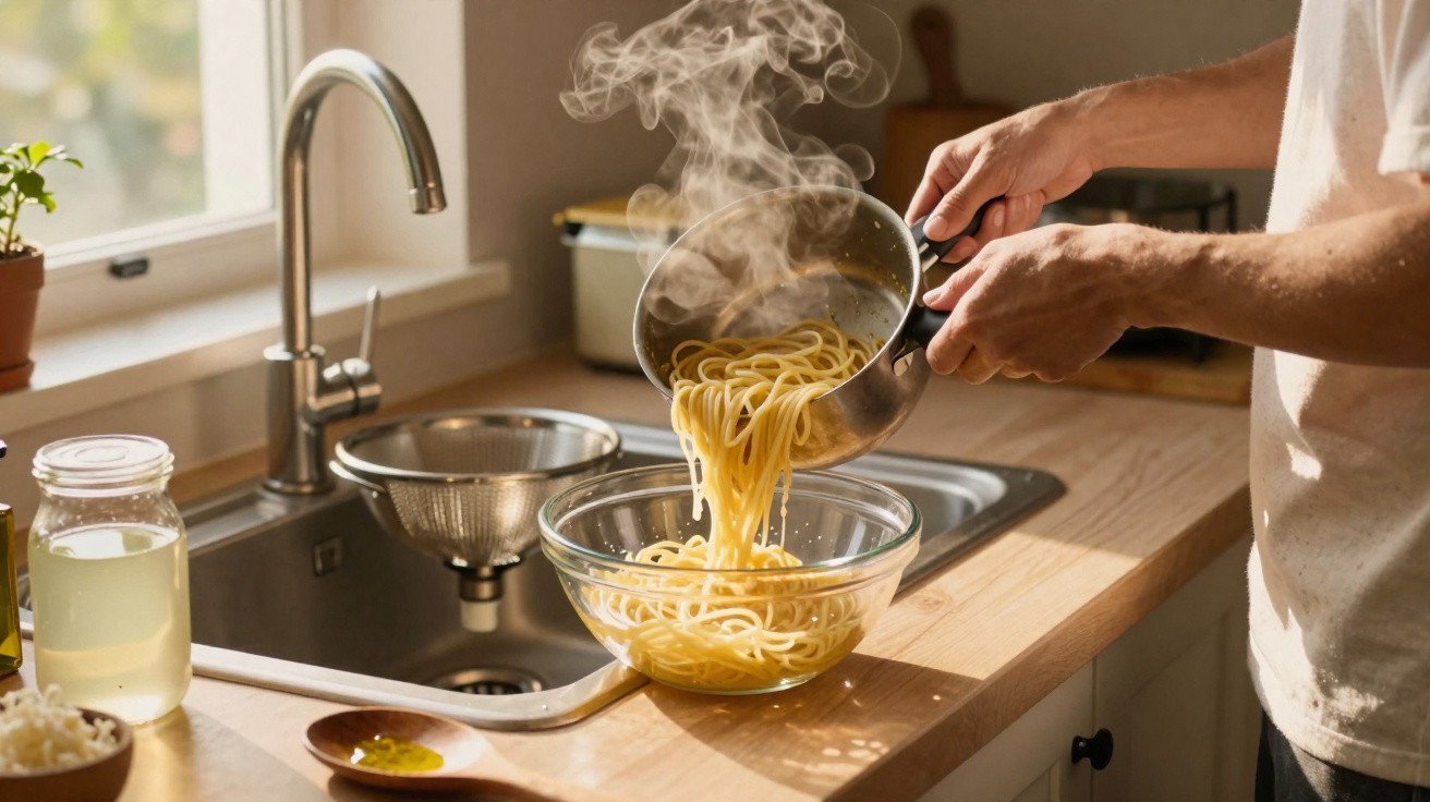 Pessoa a servir esparguete fumegante de uma panela para uma taça de vidro na cozinha.