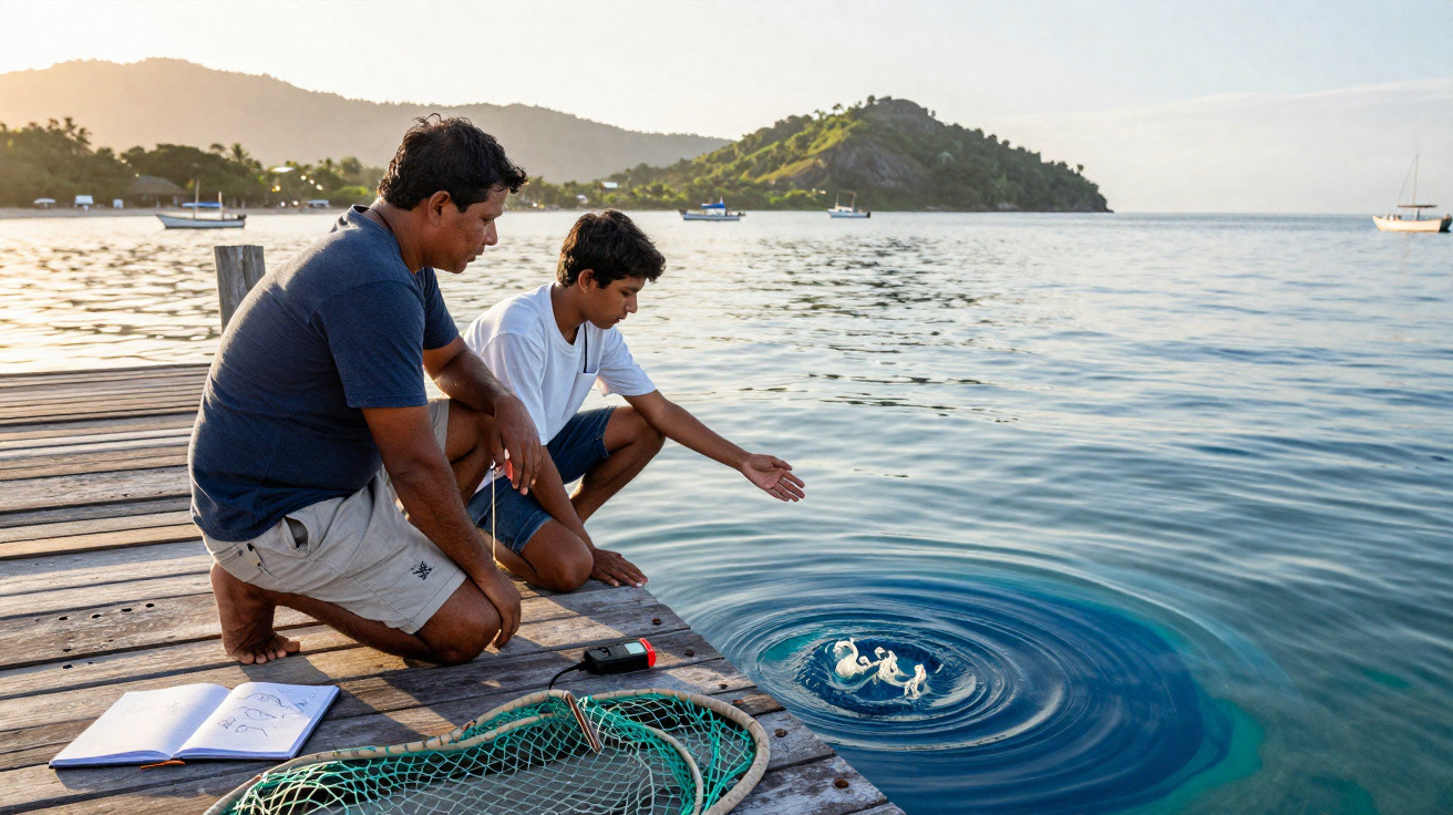 Homem e rapaz observam anomalia azul na água ao lado de cais em paisagem costeira com montanhas e barcos.