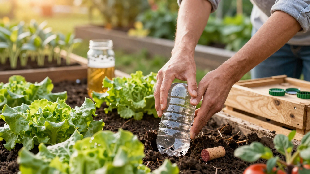 Mãos a regar plantas numa horta caseira usando uma garrafa plástica reutilizada como regador.