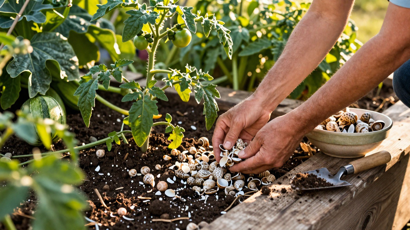 Mãos a espalhar cascas de caracóis na terra de uma pequena estufa com plantas de tomateiros e pepino.