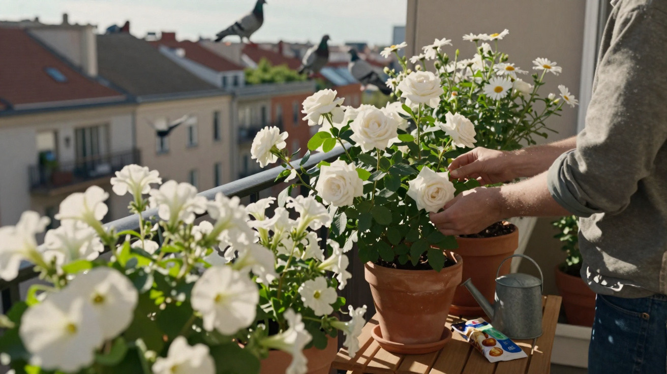 Pessoa a cuidar de rosas brancas em vasos num terraço de cidade ao fim da tarde.