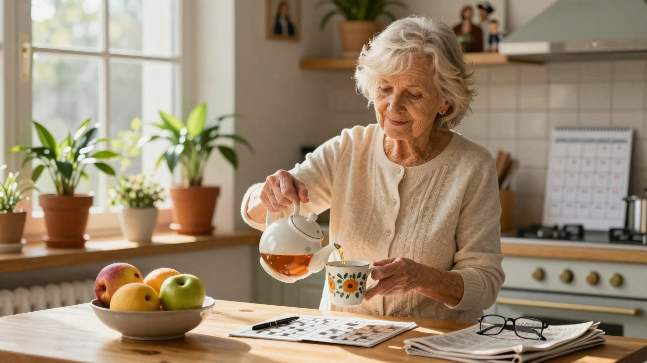 Idosa a servir chá numa chávena, sentada numa cozinha luminosa com plantas e livros.