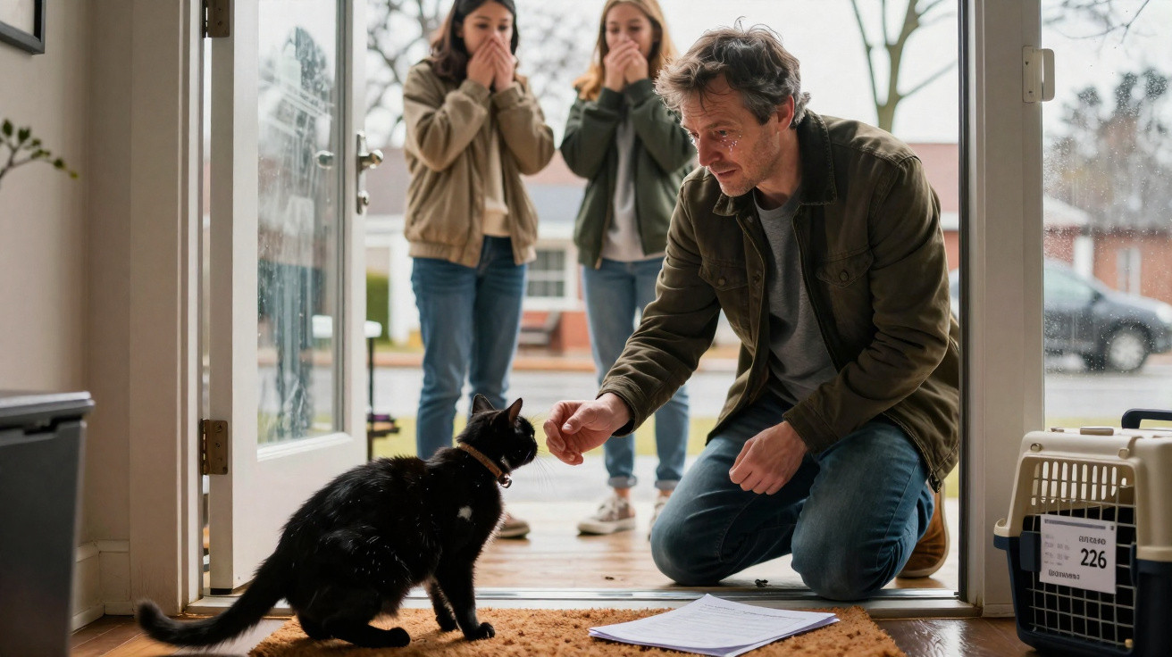 Homem agacha-se para acariciar gato preto perto da entrada enquanto casal observa surpreso.