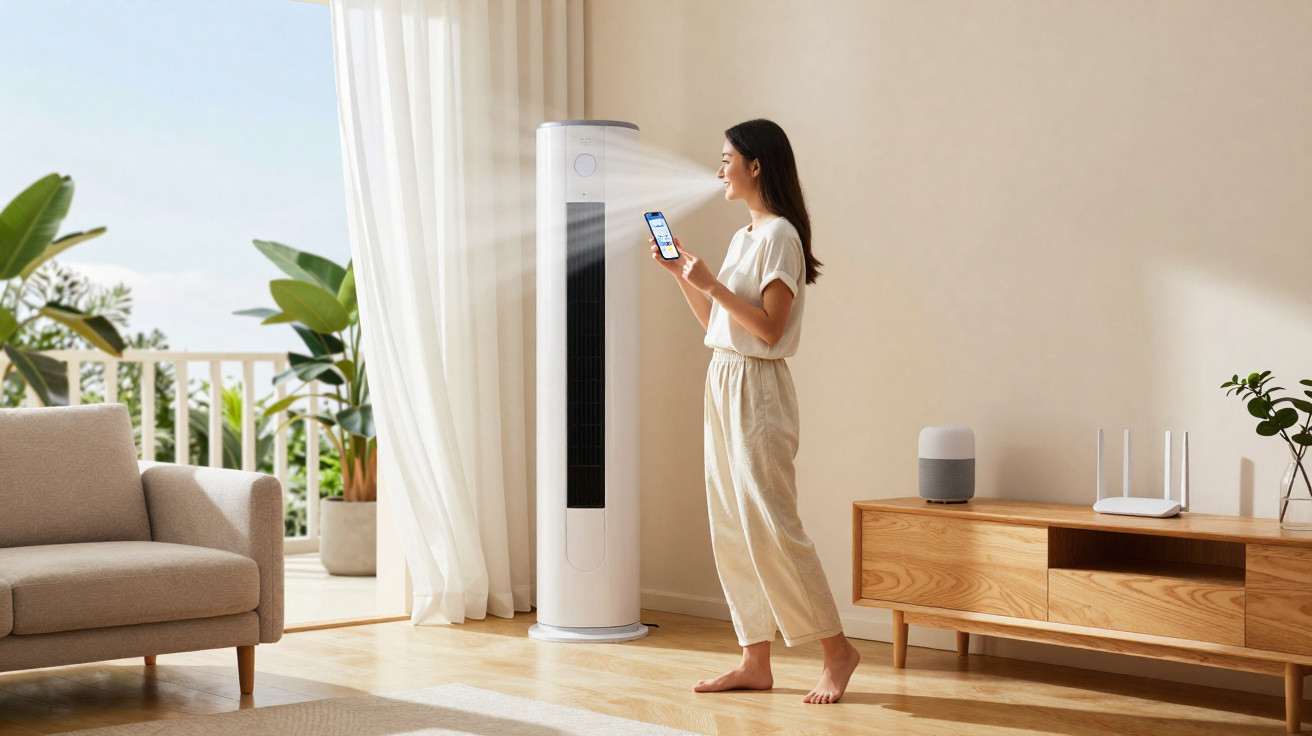 Mulher controla ar condicionado torre com smartphone numa sala luminosa e decorada com móveis modernos.