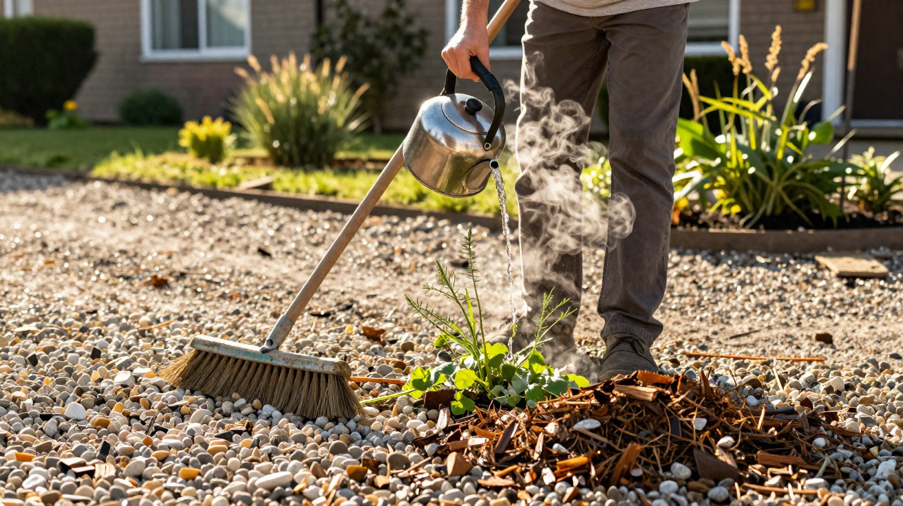 Pessoa a verter água quente a vapor sobre plantas daninhas num jardim de cascalho com vassoura encostada.