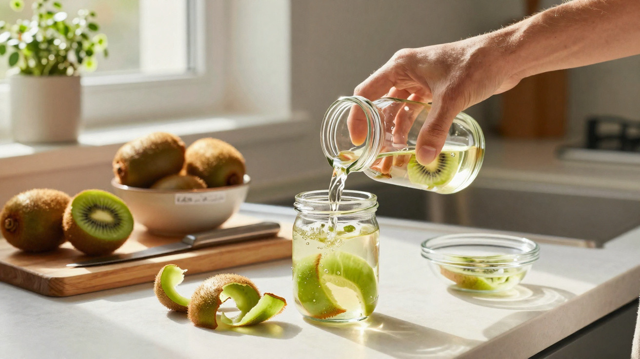 Mão a verter bebida num copo com fatias de kiwi, com kiwis, tábua e casca em plano de fundo.