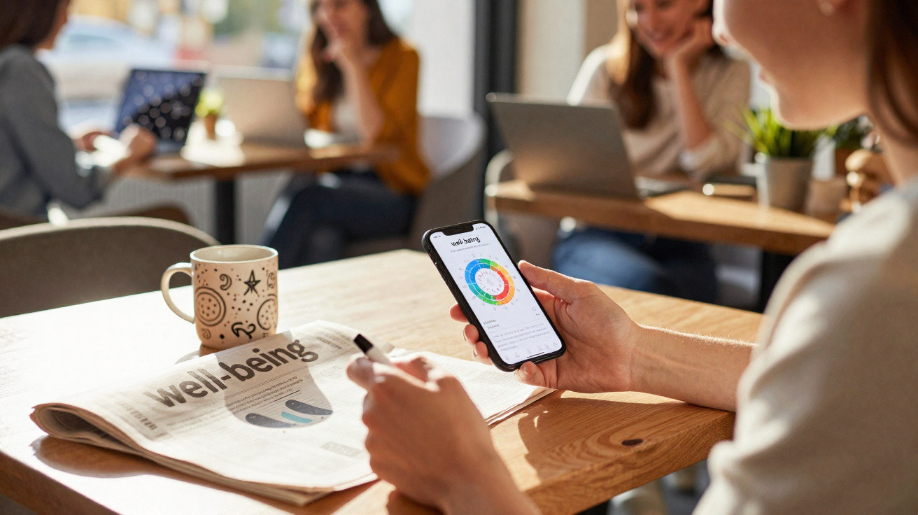 Pessoa a trabalhar com smartphone, jornal "well-being" e laptop numa mesa de madeira clara.