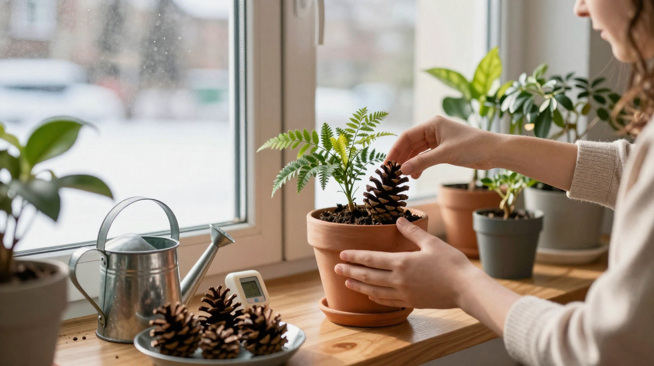 Mão a colocar uma pinha num vaso de barro com planta junto a outras plantas na janela.
