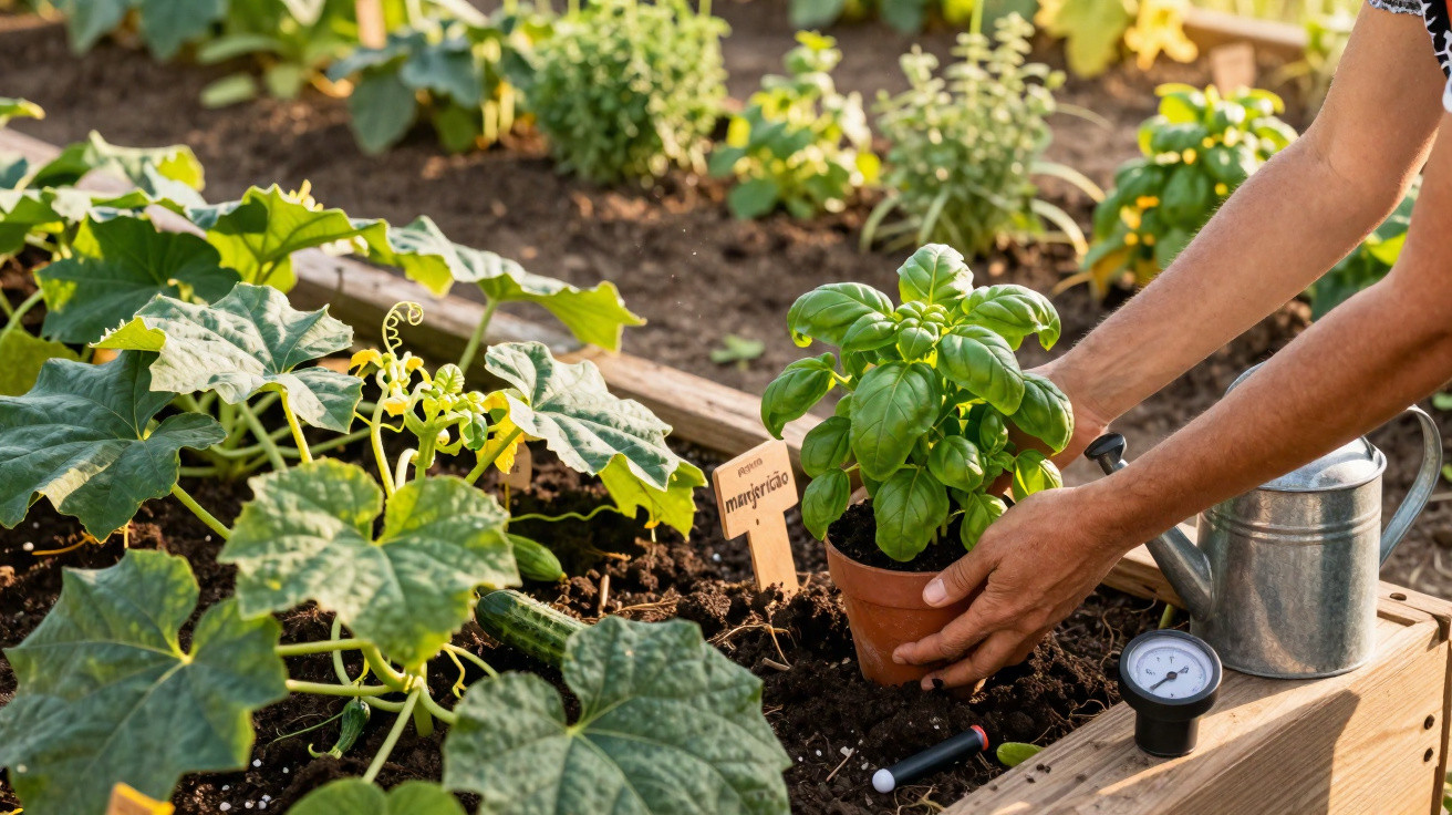 Jardineiro a plantar manjericão em vaso numa horta com pepino e regador metálico ao lado.